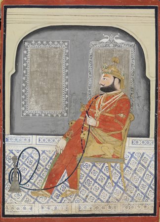 Arte Indiana  A miniature painting depicting a nobleman smoking huqqa Northern India, Rajasthan, late 19th-early 20th century .
