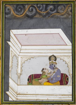 Arte Indiana  A miniature depicting Lord Krishna and Rada India, Rajasthan, forse Bundi, late 19th-20th century .