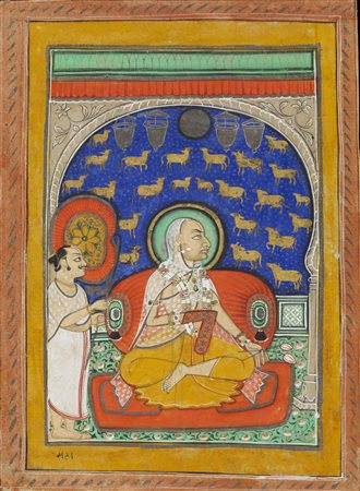 Arte Indiana  A miniature depicting a noble praying with attendant Northern India, early 20th century Pigments and gold on paper .