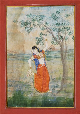 Arte Indiana  A painting depicting a lady under a tree Northern India, 19th century Natural pigments and gold on paper .