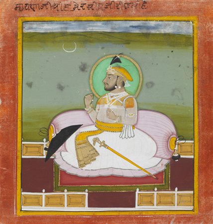 Arte Indiana  A miniture painting depicting a Raja seated on a terrace  Northern India, Rajasthan, late 19th century Natural pigments and gold on paper .