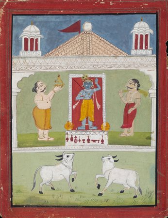 Arte Indiana  A miniature painting depicting a worship to Lord Krishna Northern India, Rajasthan, 19th century .