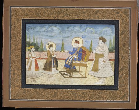 Arte Indiana  A painting depicting a meeting on a terrace India, possibly Southern Sultanates, 19th century Pigments and gold on paper .