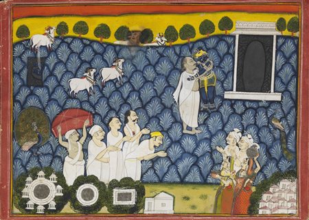 Arte Indiana  A devotional scene with lord Krishna India, Central Rajasthan, 19th century .