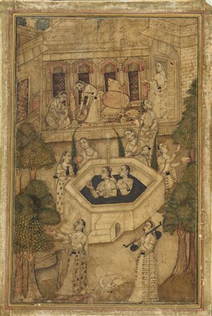 Arte Indiana  A miniature painting depicting women bathingIndia, Provincial Mughal, 18th-19th century Ink, pigments and gold on paper .