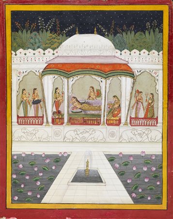 Arte Indiana  A large nocturnal painting depicting ladies at leisure on a terrace Northern India, Rajasthan, 20th century Pigments and gold on paper .