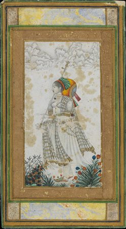 Arte Indiana  A rare portrait of a woman playing a tambur and singing India, Deccan, 18th centuryInk, pigments and gold on paper  .