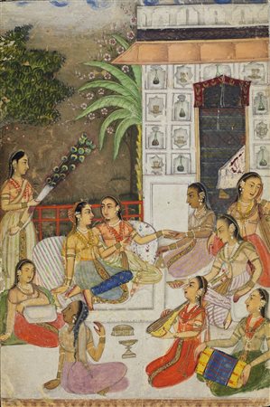 Arte Indiana  Section of a paiting depicting ladies at leisure on a terrace India, possibly Deccan, 19th century Natural pigments and gold on paper .