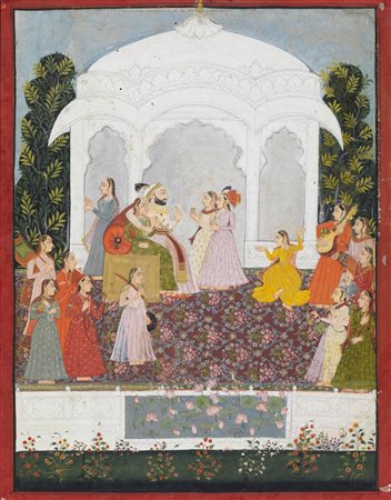 Arte Indiana  A miniature from a Ragamala serie depicting a Maharaja with dancers India, Rajasthan, second half 19th century Natural pigments and gold on paper .