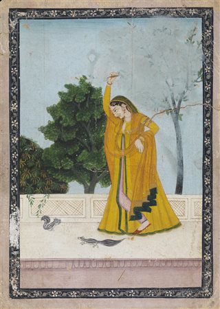 Arte Indiana  A miniature painting depicting a lady on a terrace Northern India, Pahari hills, Kangra, 19th century Natural pigments and gold on paper .