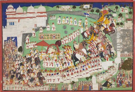 Arte Indiana  A large painting depicting a Maharaja processionNorthern India, Rajasthan, possibly Bindi, 18th- 19th century Natural pigments and gold on paper .