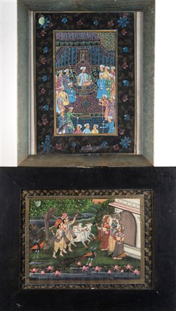 Arte Indiana  Two miniatures: one depicting a darbar, the other Krishna and gopies India, 20th century .