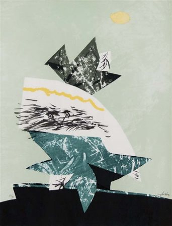 DOVA GIANNI Roma 1925 - Pisa 1991 Gufo verde litografia es. 66/99 70x50 cm...