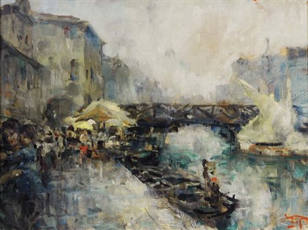 PAGAN LUIGI Chioggia 1907 - 1980 Canale a Chioggia olio su tavola 30x40 cm...