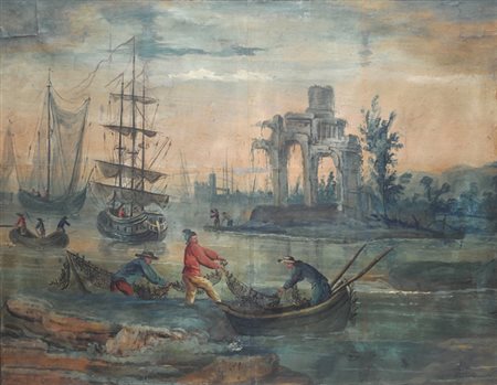Scuola Veneta, sec. XVIII Paesaggio con pescatori Tempera su carta riportata...