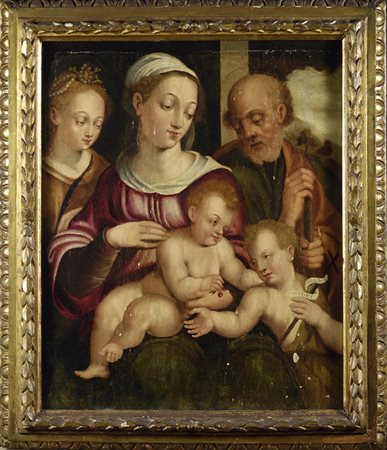 Scuola Toscana, XVI sec. Sacra Famiglia con San Giovannino Olio su tavola,...