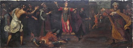 Scuola Toscana, XVI sec. Giuditta e Oloferne Olio su tela, cm. 80x200...