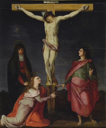 Scuola fiorentina, seconda metà XVI sec. Cristo Crocifisso con Maria...