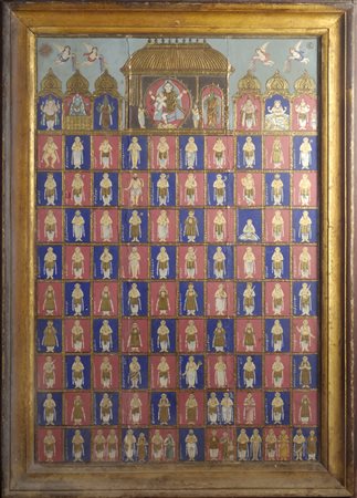 Pannello cm. 110x155 dipinto e dorato con figure, India, fine XVIII sec.