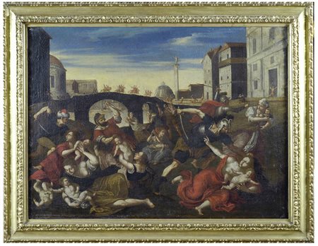 Scuola Emiliana, XVI sec. Strage degli'Innocenti Olio su tela, cm. 77X102 In...