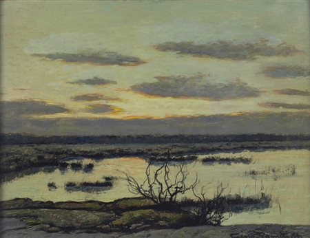 Gino Romiti (Livorno, 1881 - 1967) Tramonto in Tombolo, 1964 Olio su faesite,...