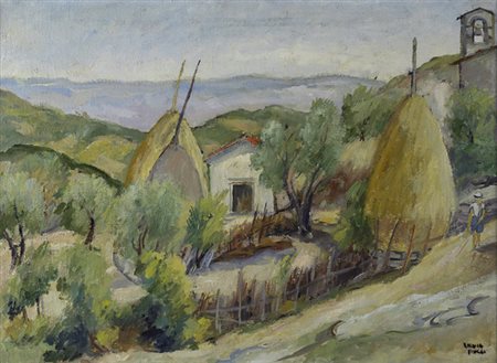 Silvio Pucci (Pistoia, 1892 - Firenze, 1961) Paesaggio con pagliai Olio su...