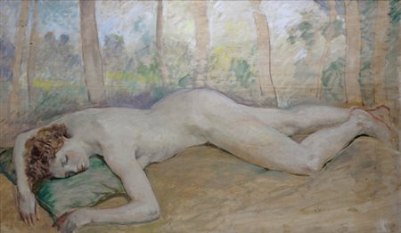 Galileo Chini (Firenze, 1873 - 1956) Figura con Alberi, 1935 Olio su...