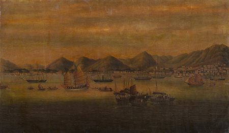 Scuola cinese Veduta di Hong Kong olio su tela (difetti) Cina, secolo XIX...