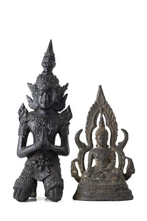 Manifattura del Sud-est Asiatico Due sculture in bronzo raffiguranti divinità...