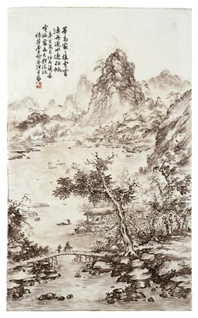 Placca in porcellana rettangolare decorata con scena di paesaggio fluviale e...