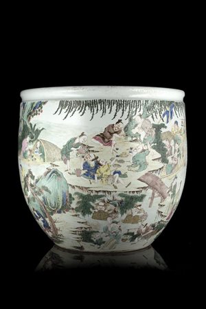 Grande vasca per pesci in porcellana Famiglia Verde decorata con scena...