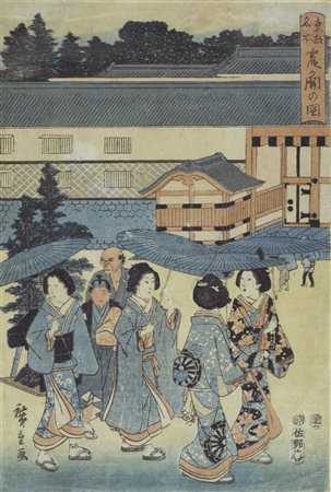 Figure in giardino Incisione xilografica Giappone, seconda metà del XIX sec.,...