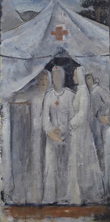 Anonimo del XX sec. Crocerossine Olio su tela., cm. 72x35 Firma illeggibile...