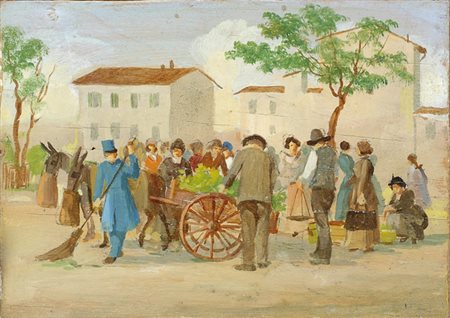 Anonimo del XX sec. Mercato rionale Olio su tavola, cm. 7,7x11 Titolo sul...
