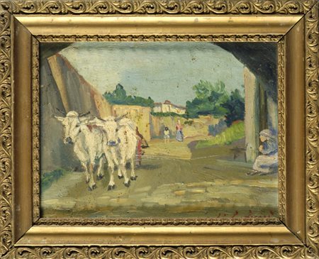 Anonimo del XX sec. Vicolo con buoi Olio su cartone, cm.18x24 Firma...