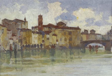 Anonimo del XX sec. Ponte Vecchio Olio su cartone, cm. 16x23,5 Sul verso:...