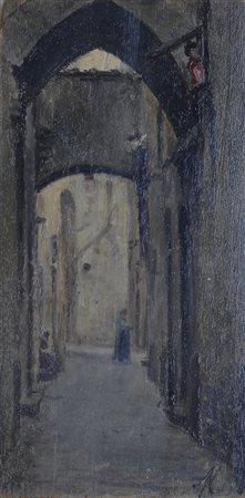 Anonimo del XX sec. Vicolo Olio su compensato, cm. 12,5x8 Sigla in basso a...