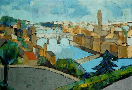 Anonimo del XX sec. Panorama fiorentino Olio su tela da imballaggio, cm....