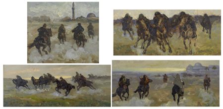 Anonimo del XX sec. Berberi a cavallo Olio su legno, cm. 22,5x51; cm....