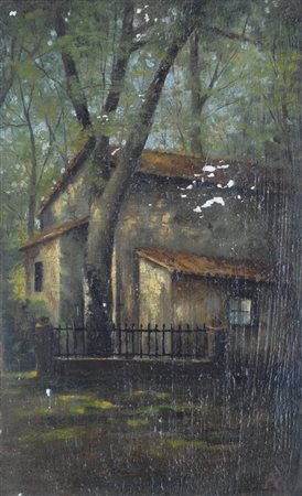 Anonimo del XX sec. Casolare Olio su cartone, cm. 30,5x19,3 Siglato in basso...