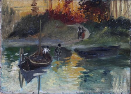 Anonimo del XX sec. Paesaggio lacustre con figure Olio su tela riportato su...