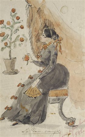 Anonimo XIX sec. La dame orange, 1842 Tecnica mista su carta, cm. 16,5x11,5...
