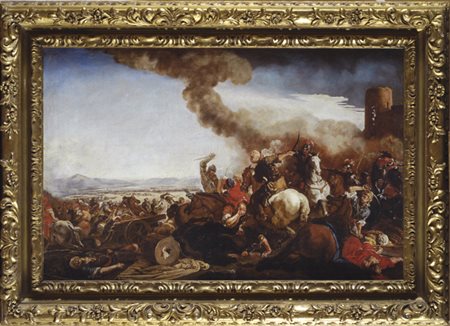 Anonimo, fine XIX sec. Battaglia Olio su tela, cm. 60x94 in cornice in legno...