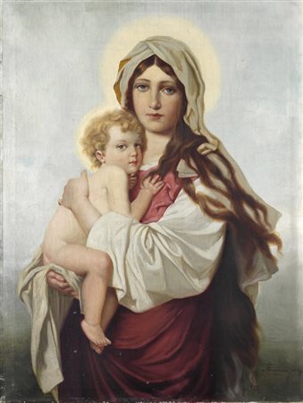 Anonimo, prima metà XX sec. Madonna con Bambino Olio su tela, cm. 80x60 Firma...