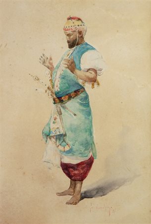 Anonimo, sec. XIX Indiano, 1897 Acquarello su carta, cm. 29x20 Firma in basso...