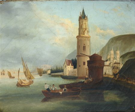 Anonimo, sec. XIX Paese sul lago Olio su tela, cm. 28x46 € 0/0