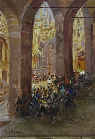 Giuseppe Aprea (Napoli, 1876 - 1946) In chiesa Olio su cartone, cm. 21x13...