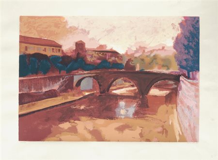Ugo Attardi (Sori, 1923 - Roma, 2006) Ponte di Roma, 1976 Litografia, mm....