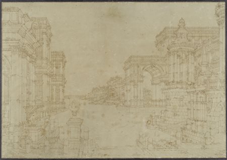Attr. a Ferdinando Galli da Bibbiena Architetture sul canale China su carta,...