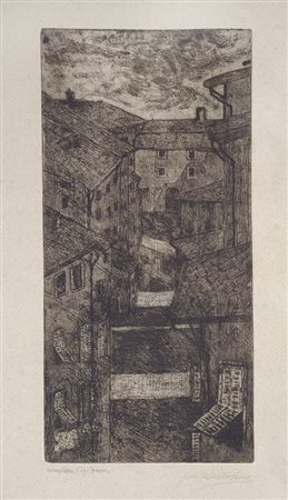 Giovanni Bartolena (Livorno, 1866 - 1942) Scorcio di paese Acquaforte, mm....